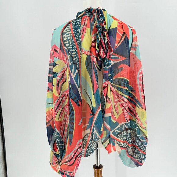 Multicolor Sheer Chiffon Floral Cape Top With Tie-Neck Detail - Picture 2 of 7